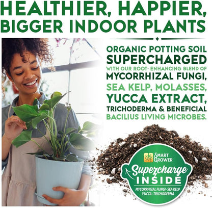 Smart Grower Organic Potting Soil for indoor plants with biochar and worm castings — product benefits infographic