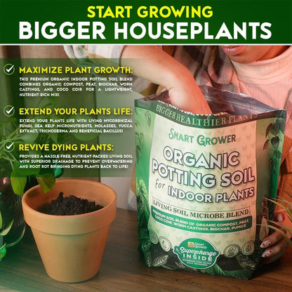 Smart Grower Organic Potting Soil for indoor plants with biochar and worm castings — size comparison view