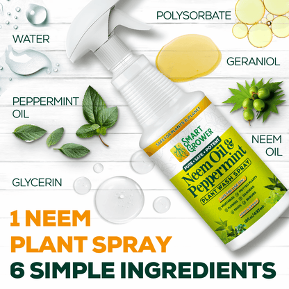 Smart Grower Neem & Peppermint Oil Plant Wash Spray for indoor and outdoor plants — product benefits infographic